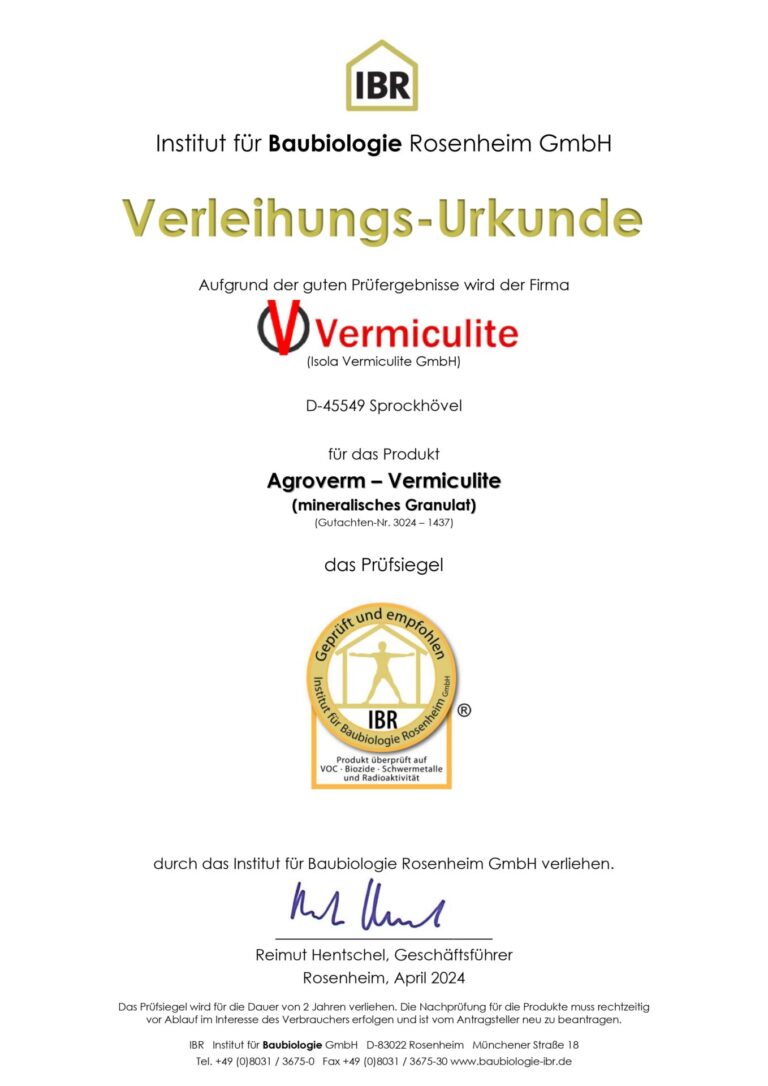 Urkunde Gutachten IBR Vermiculite