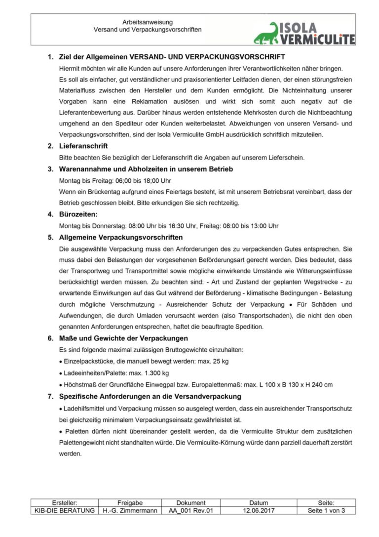 Versand- und Verpackungsvorschriften Vermiculite